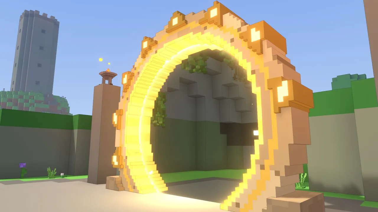 A golden ring of a gate, glowing, opening onto another place