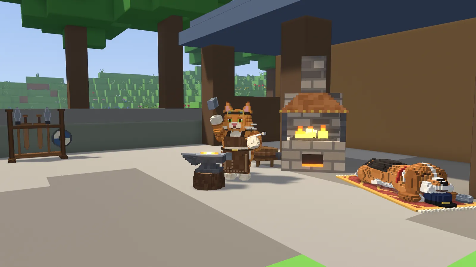 A cat blacksmith at his anvil by a glowing forge